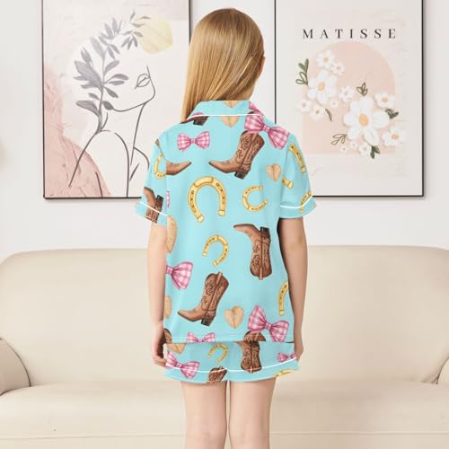 Satin Pajama Sets Short Sleeve Cowboy Boots Horseshoes Hearts Bows Button Down Silky Nightwear 2 Piece PJS 5-14Y4