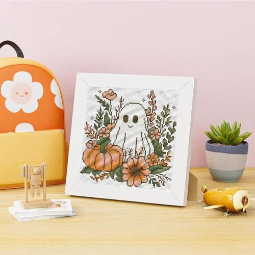 Image of Ghost Flower Stamped Cross Stitch Kits for Adults Beginners with Frame | Partial 11CT Halloween Cross-Stitch Kit,DIY Arts and Crafts for Adults,Embroidery Kit for Adults Beginners 7x7inch