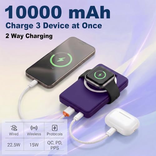 Image of Energizer 22.5W Fast Charging Wireless Power Bank 10000mAh, 15W Qi Wireless, USB-C PD + QC Output, Compact Portable Charger for iPhone, Samsung, Android | Travel Friendly | 1 Yr Warranty | Purple