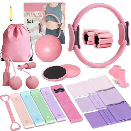 FiitDavz Home Pilates Kit 20 PCS Pilates Equipment with Pilates Ring and Ball 9 Level Resistance Bands Jump Rope Ankle Weights Sliders & Grip Socks Accessories for Starter Home Workouts