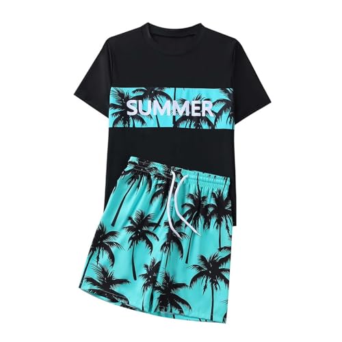 Generisch Ropa fresca para niños Juego de traje de baño de dos piezas para niños con estampado de árbol y letras | Camiseta de natación de secado rápido y pantalones cortos de playa para el verano