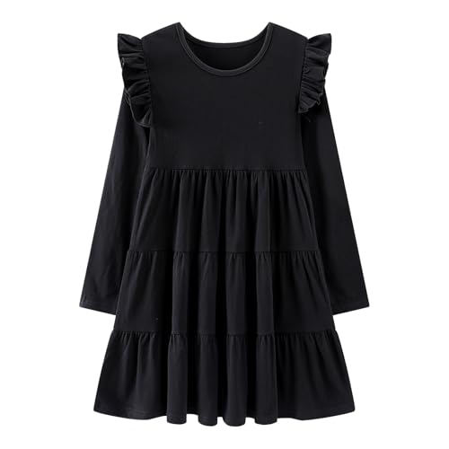 Image of Girl Long Sleeve Dress Ruffle Rainbow Color Block Cotton Casual Tiered Pleated Twirly Dress