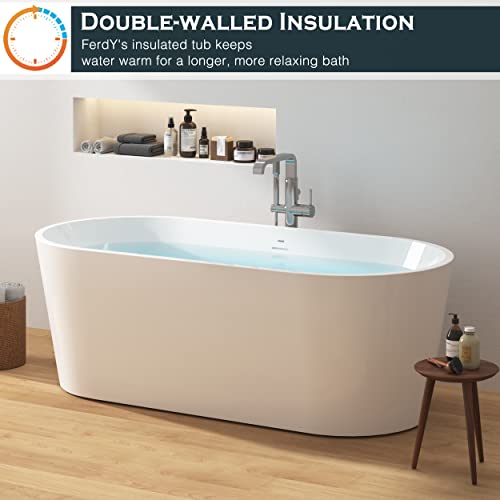 Ferdy Shangri-La 67" Acrylic Freestanding Bathtub, Classic Oval Shape Acrylic Soaking Bathtub With Brushed Nickel Drain & Minimalist Linear Design Overflow, Modern White, Cupc Certified #TOP1