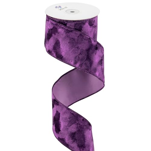 Purple crushed velvet wired ribbon with mottled amethyst pile and a fine gold edge