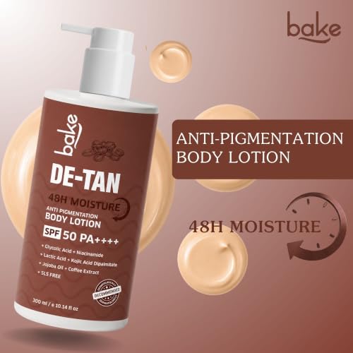 Image of BAKE De-Tan Coffee Body Lotion (300ml) 48 Hour Moisturization with Kojic Acid, Lactic Acid, Niacinamide & SPF 50 PA++++ for Pigmentation & Tan Removal | For Dark Spots & Sun Protection | Tanned & Pigmented Skin | For Women & Men