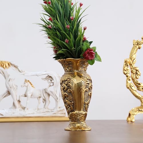 Image of Kridaykraft Decorative Metal Vase, Antique Gold Finish, Baroque Floral Pattern, Traditional Ornate Design