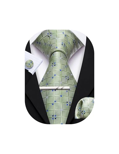 YOHOWA Sage Green Tie with Tie Clip for Men Plaid Silk Necktie Pocket Square Cufflinks Set Formal Business Festival Party