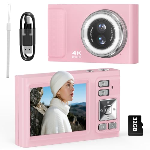 Digitalkamera, JDZ 4K Kamera Fotokamera 16X, Digitalkameras 48MP, Kompaktkamera mit 32 GB TF-Karte, Camera Digital, Foto Kamera für Kinder Teenager-Geburtstag, Weihnachten, Rosa