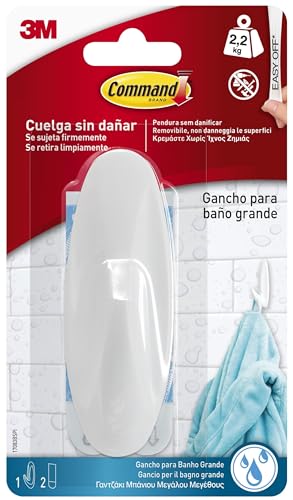 Command Gancho de Diseño para Baño Grande – 1 Gancho y 2 Tiras Adhesivas Grandes – Resistentes al Agua, Sin Agujeros, Sin Taladro, No Dañan las Paredes, Hasta 2,2 kg
