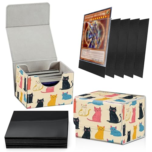 SROJDHFJB Card Deck Box Plus 100 Counts Black Card Sleeves, Colourful Cats for Collectible MTG TCG CCG Card Storage Box Horizontal Holds 100+ Single Sleeved Cards, Magic Game Cards Organizer