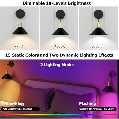 Image of Rechargeable Wall Lamps with 5000mAh Capacity, High Brightness, 3 Color Temperature RGB Wall Lights, Remote Control, Memory Function, Timer for Bedroom Living Room, 2Pack, Black, WS-01