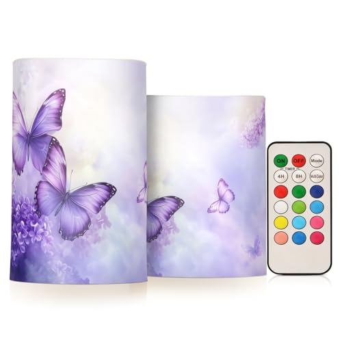 Image of Purple Lilac Butterfly Flowers Flickering Flameless Candles LED Battery Operated with Remote Timer Pillar Candles for Home Birthday Wedding Christmas Decor, Set of 2
