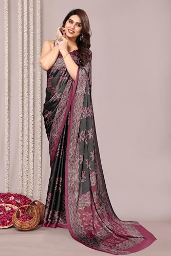 Image of MIRCHI FASHION Women Saree | Chiffon Leaf and Checked Print Professional Office Sari with Blouse