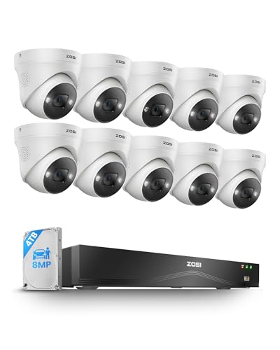 ZOSI 32CH 4K PoE Security Camera System,16 Port 32CH 8MP Dual-Disk NVR with 4TB HDD,Face/Person/Vehicle Detection,2 Way Audio,Night Vision,10pcs 4K Indoor Outdoor PoE IP Cameras,for 24/7 Recording