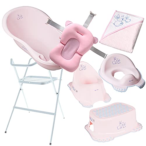 Primabobo Babypflegeset Bade-Set für Babys Kleinkinder von Teile Badewanne mit Badekissen Ablaufschlauch Gestell Handtuch Toilettenaufsatz Nachttopf Badehocker Kanninchen Rosa Cover