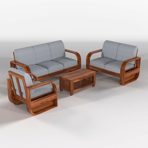 Image of Solid Sheesham Wooden 6 Seater Sofa Set Without Coffee Table with Grey Cushion for Living Room Furniture - Honey Finish (3+2+1)
