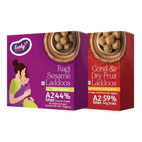 Image of Early Foods Assorted Pack of 2: A2 Ghee Ragi Til & Gond Laddu with Jaggery | Gond Ke Laddoo | Desi Ghee Dink Laddoo | postpartum ladoo | Sugar Free Laddu