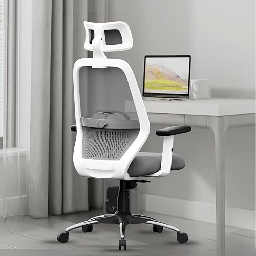 Image of Vertex High-Back Ergonomic Office Mesh Chair 3-Years Warranty by beAAtho- 2D Adjustable Headrest, Armrest & Lumbar Support, Heavy-Duty Metal Chrome Wheelbase-(DIY-Do It Yourself) White-Grey
