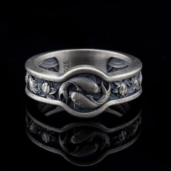 Miniatura 6 de Handcrafted Japanese Lotus Flower Silver Ring, 0.024 lbs, 0,47 x 0,47 Inch, Pisces-inspired Fish Design, Yin Yang Symbol, Memorial Gift, Unique