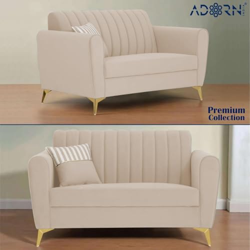 Image of Adorn India Premium Luster 3-2-1 Sofa Set | Velvet Suede Fabric | 3-Year Warranty | Color Cream with Golden Legs & Striped Pattern Cushion