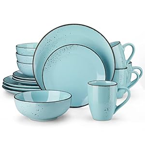 vancasso Navia Ceramic Dinnerware Set, 16 pieces Set of 4 Stoneware Spray Spot Patterned Service Dish with Dinner Plates, Salad Plates, Bowls, Mugs – Light Blue
