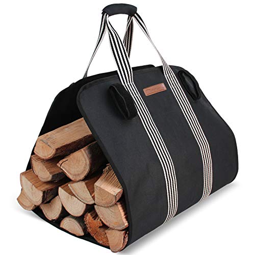 fireplace metal handle - MYFIREPLACEDIRECT Indoor Heavy Firewood Log Carrier Tote, Oxford Canvas Fabric Foldable Wood Carrier Padded Handles, Outdoor Large Capacity Firewood Carrier Bag with Hook and Loop