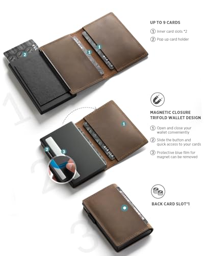 Image of VULKIT Minimalist Card Holder Wallet Premium Pull-Up Leather Pop Up Cards RFID Protection Holds Up to 10 Cards, Magnetic Closure