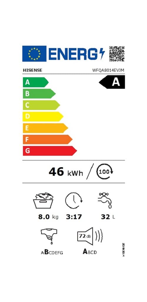Hisense WFQA8014EVJM - Lavatrice con funzione di vapore, 8 kg/AquaStop/1400 giri/min, 15 programmi/inverter PowerDrive/tamburo in acciaio inox/sicurezza bambini/pulizia del tamburo/bianco