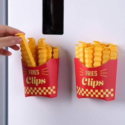 Image of Creative French Fries Snack Sealing Clips with Magnetic Storage Box - Crinkle Design Air-Tight Food Sealer for Kitchen Pouch, Chips, and Dry Fruits - Fridge Magnet Holder (12, Yellow)