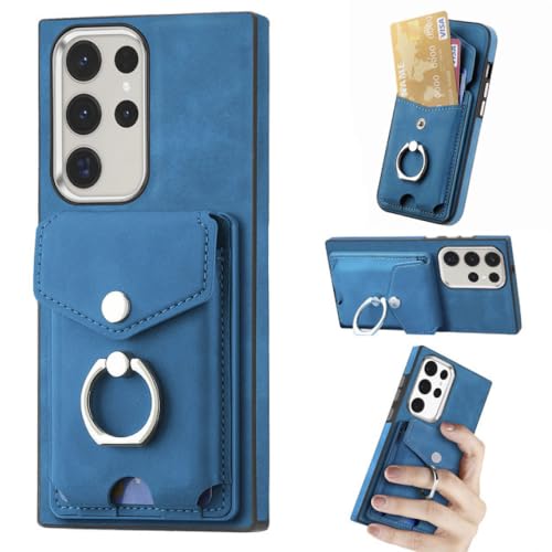 Funda de cuero para Galaxy A52 con acabado premium de tacto suave y anillo azul