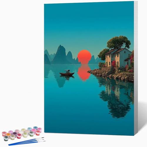 風景 ペイントバイナンバーキット風景 数字油絵 塗, DIY手描き油絵セット(ブラシ3本とアクリル絵の具を含む)、キャンバスセット、家の壁の装飾ギフト,誕生日プレゼント女性 50*65CM フレームなし -WX251031N