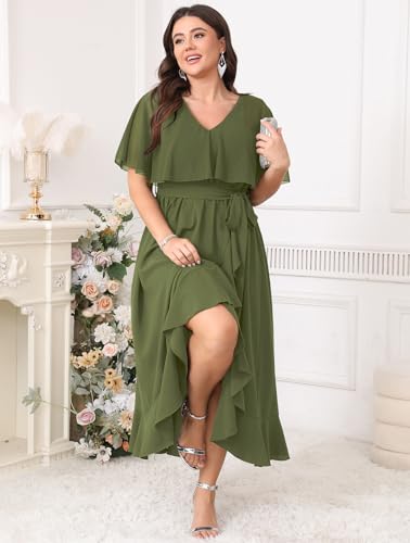 Image of Women Plus Size Long Formal Dress Short Sleeve Chiffon Ruffle V Neck High Low Split Wedding Guest Maxi Dresses