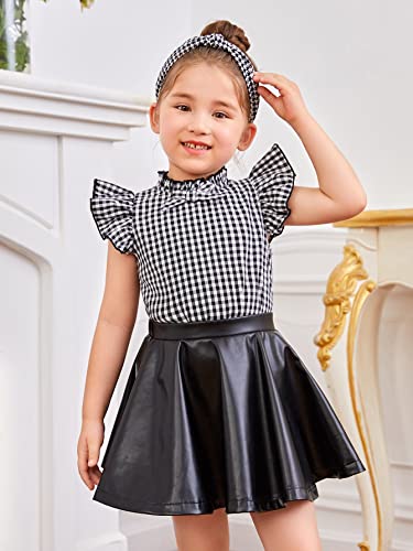 Image of WDIRARA Toddler Girl's 2 Piece Outfits Plaid Mock Neck Cap Sleeve Top and PU Leather Skirt Set