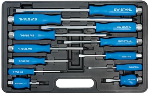 SW-Stahl Juego de destornilladores S7890, 12 piezas, resistente a los golpes, ranura+cruz PH, juego de destornilladores de cromo vanadio, tapa de impacto con hexágono de accionamiento, maletín de