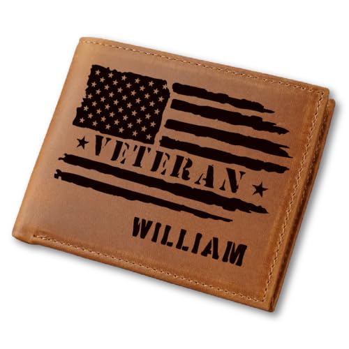 Engraved American Flag Leather Wallet Personalized Veteran Gift for Men Perfect for Valentine’s Father’s Day Christmas, Military Graduation & Patriotic Celebrations.