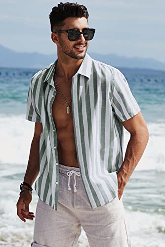 JMIERR Men's Casual Stylish Short Sleeve Button-Up Striped Dress Shirt Cotton Beach Shirts