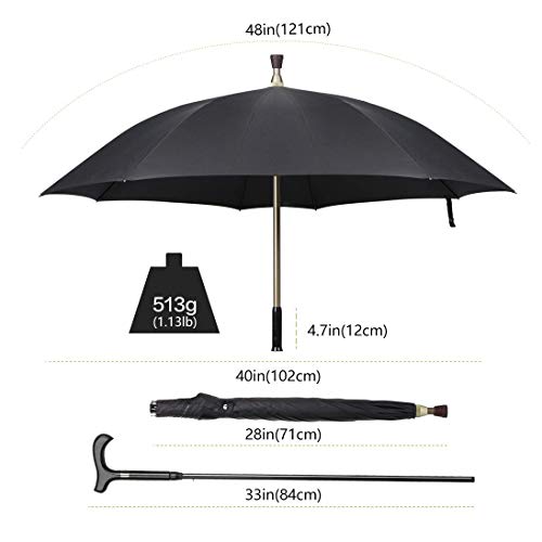2-in-1 Walking Sticks Umbrella,Windbreak Ribs Walking Cane Crutch Self Protection Umbrella Heavy Duty Solid Tungsten Steel, Ideal Father's Gift for Climbing, Hiking, Hanging Out on Raining (black) - Image 5