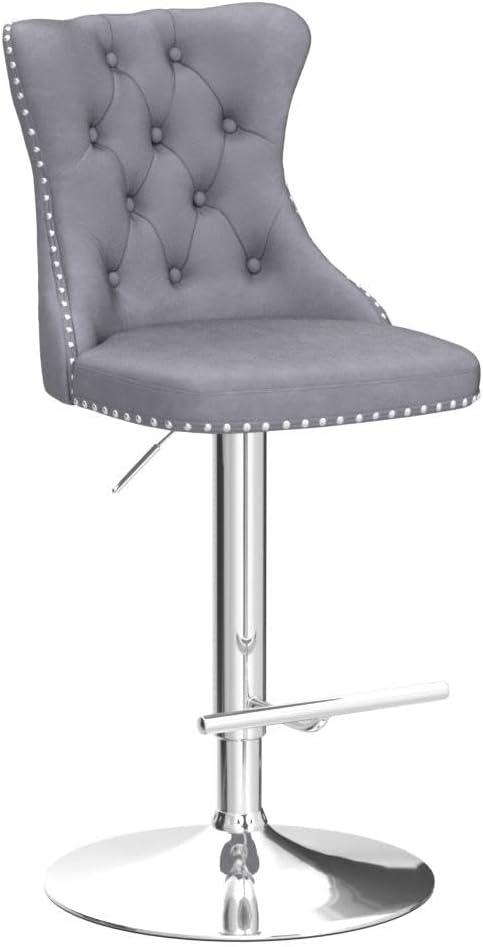 Aoowow Swivel Bar Stools Set of 2,Adjustable Barstools with Back Velvet Tufted Counter Stool Modern Upholstered Bar Chairs with Nailhead for Kitchen Island Restaurant Pub Counter (Gray-Silver)