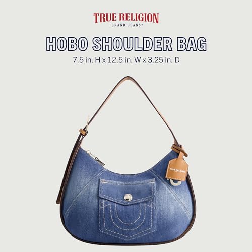 Image of True Religion Women's Shoulder Bag Purse, Medium Hobo Handbag with Front Pocket, Denim
