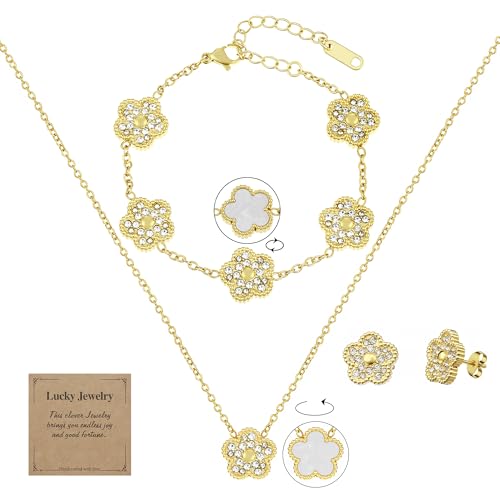Clover Jewelry set for Women, 18K Gold Plated Stainless Steel, White Mother of Pearl & Zircon Clover Link Bracelet, Adjustable Lucky Charm Jewelry Gifts for Girlfriend, Wife, Friend, Daughter, Mom (Set-White-A)