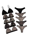 BEAUDRM Women's 5 Sets Matching Bra and Panty Set Polka Dots Print Lingerie Set Triangle Bralettes and Low Rise Thong Set Multi Leopard Large