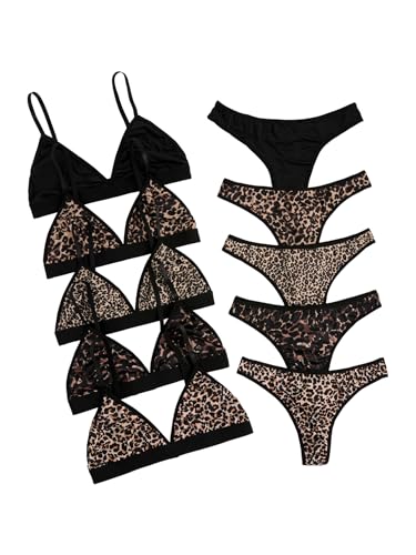 Image of BEAUDRM Women's 5 Sets Matching Bra and Panty Set Polka Dots Print Lingerie Set Triangle Bralettes and Low Rise Thong Set