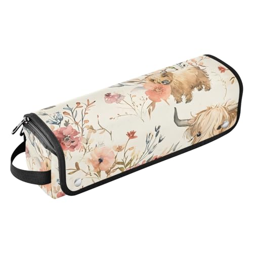 Organizador de Herramientas para Peinar el Cabello, con diseño de vacas de las tierras altas y flores, portátil con tapete resistente al calor para plancha alisadora, rizadora y otras herramientas de peinado
