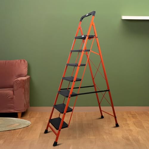 BonKaso Premium Steel Multipurpose Climb Easy Anti-Slip 7-Step Foldable Ladder with Safety Clutch Lock, Support Handle and Tool Tray for Home - (Orange & Black)