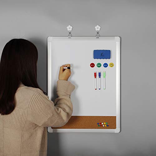 Whiteboard Bulletin Board Set - 18 X 24" Dry Erase/Cork Board With 1 Magnetic Eraser, 4 Dry Wipe Markers, 4 Magnets And 10 Pins - Small Wall Hanging Notice White Tack Board For Home And Office #TOP2