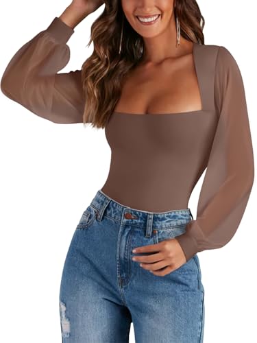 Image of PINKMSTYLE Women's Square Neck Double Lined Mesh Long Sleeve Bodysuits | Sheer Puff Sleeve Body Suit,Slim fit Trendy Going Out Tops,Concert Outfit