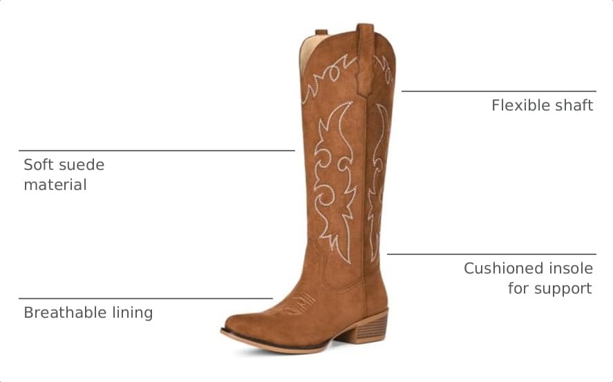 Image of Suede Cowboy Boots for Women Knee High Western Cowgirl Boots | Pointed Toe Low Heel Classic Embroidered Boot