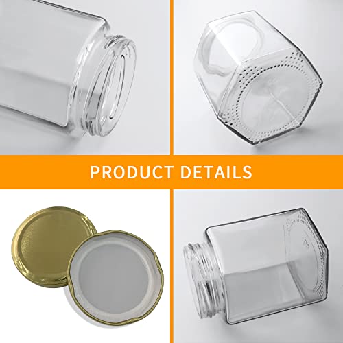 Woaiwo-q Clear Hexagon Glass Jars, 12 oz 12 Pack Hexagon Glass Honey Jars with Golden Lids,Wooden Honey Sticks,Bronzy Bee Pendants,Big Tags,15m Jute Twine, Glass Jars for Honey,Foods.