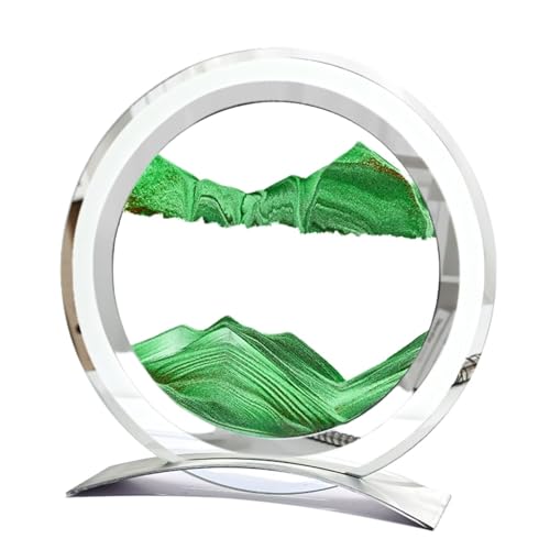 BGFJYUK Moving Sand Art Picture in Motion, Round Glass 3D Deep Sea Sandscapes with Display Flowing Sand Frame for Relaxing Desktop Home Office Work Décor for Kids Adults (Green)