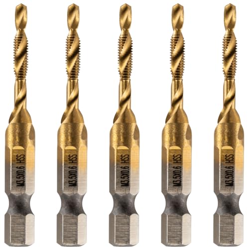 Rennie Tools - Pack Of 5 - M3.5 x 0.6 Combination Drill and Tap Bit, 1/4 Hex Shank. Metric Coarse Titanium Coated HSS Spiral Flute Drilling Tapping Tool. 3.5mm x 0.6mm Pitch Drill Bit.